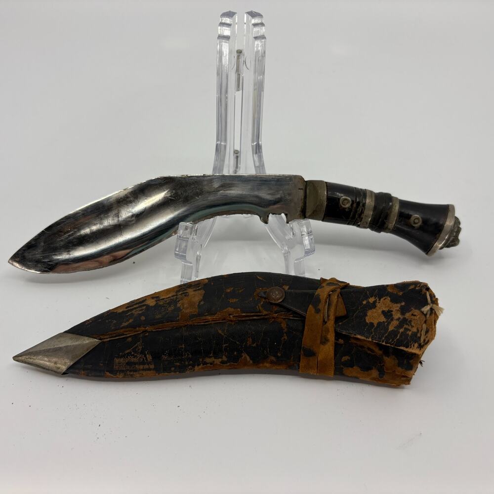 Vintage Kukri Knife Curved Blade Horn Handle Leather Sheath 9 in